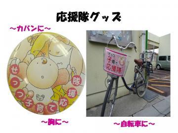 応援グッズのバッチとカバンの写真