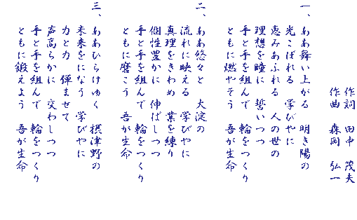 摂津市立第二中学校の校歌の歌詞が書かれた画像。1番から3番まで書かれている。